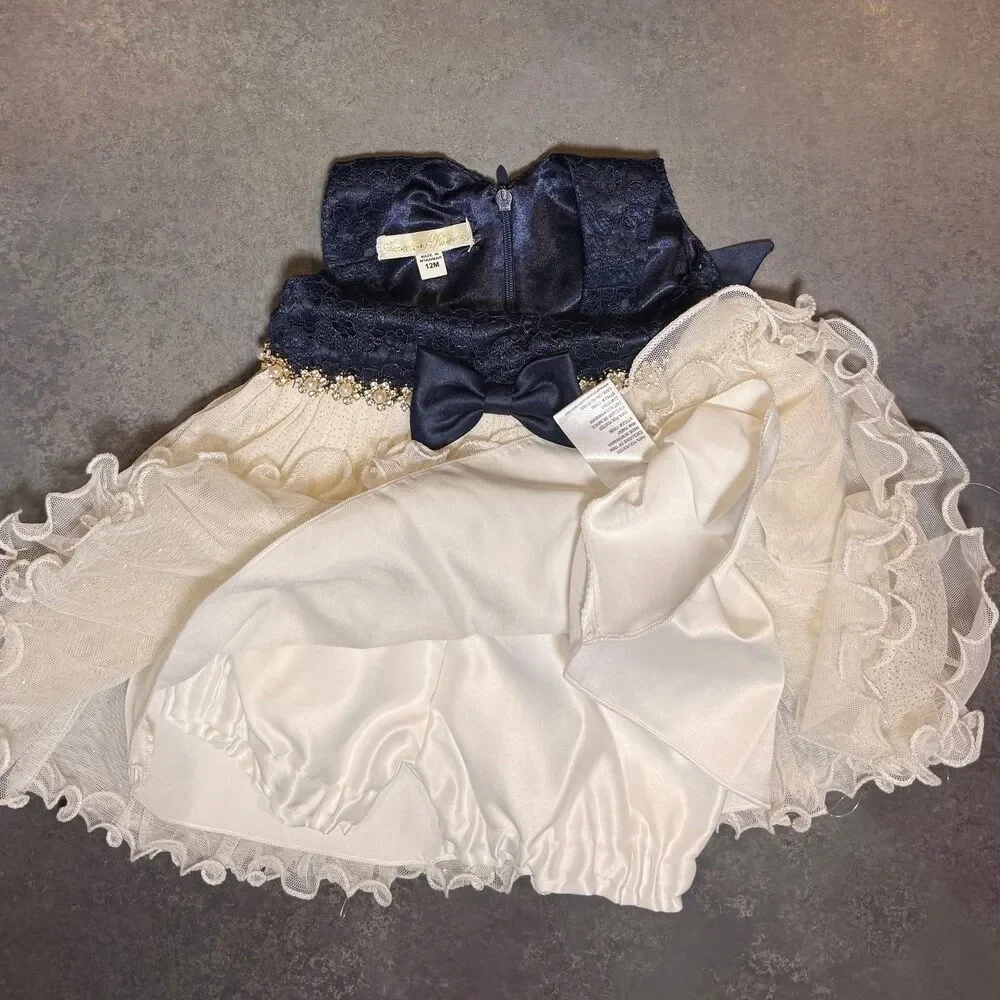 American Princess 12M White Lace & Tulle Formal Navy Dress w/ Bloomers New